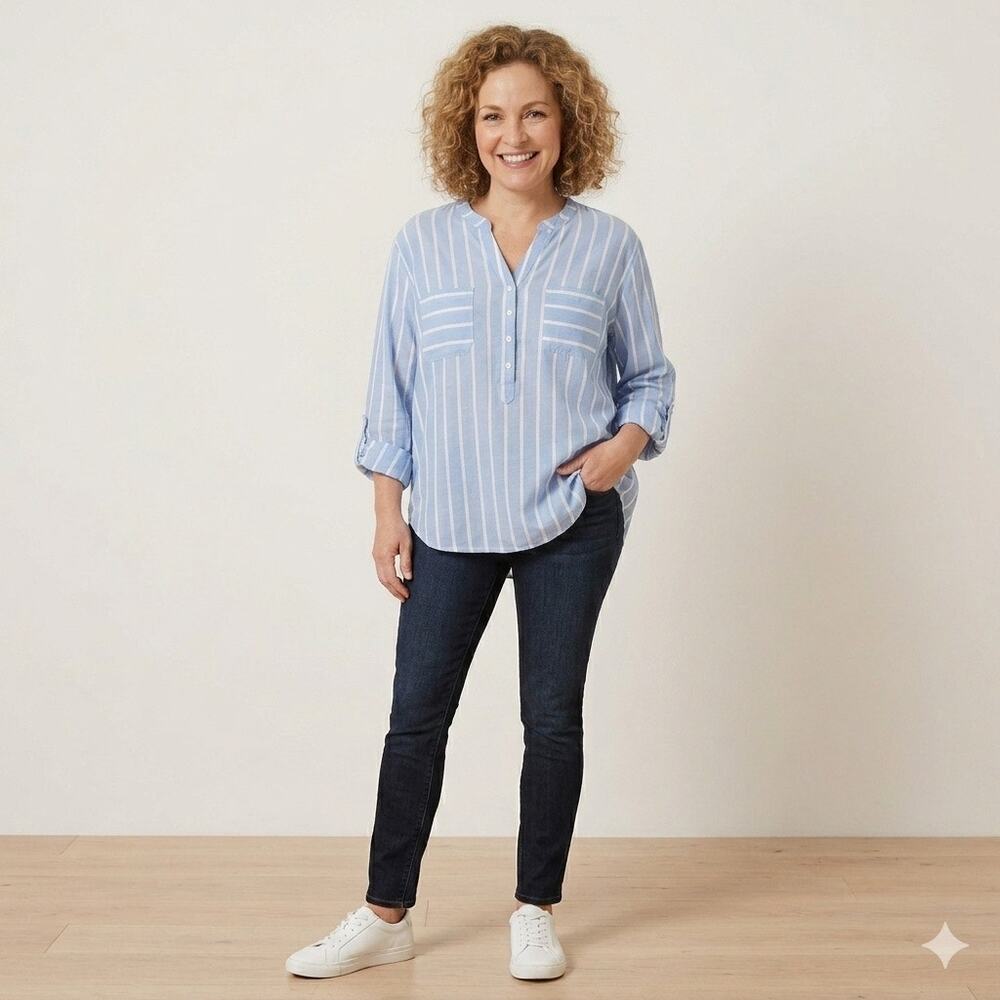 Eden & Olivia 3X Blue White Striped Cotton Tunic Shirt Roll Tab Sleeve Plus Size
